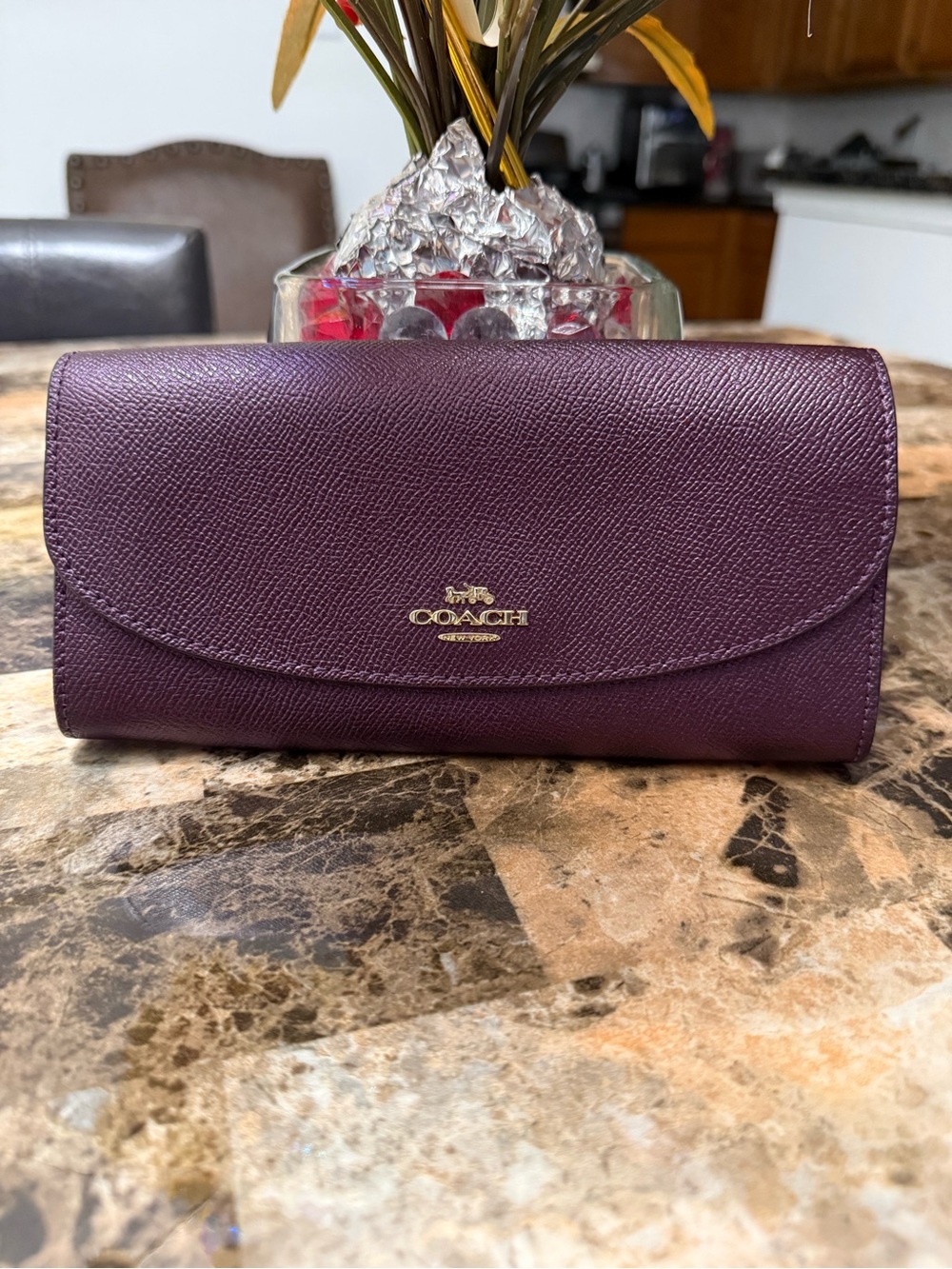 Coach Pebbled Leather Continental Wallet - Plum Wine
